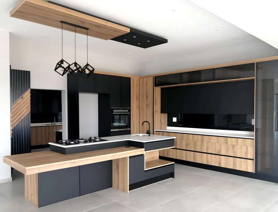 Matte black and oak kitchen with a timber waterfall island, fitted by N.D.I.